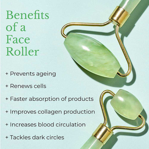 This is an image showing benefits of using a face roller regularly as a part of your skin care routine.