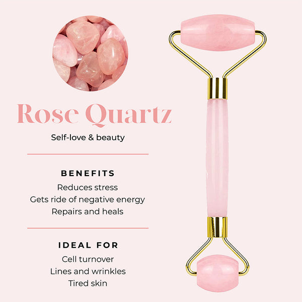 This is an image of a Rose Quartz Roller and its benefits.