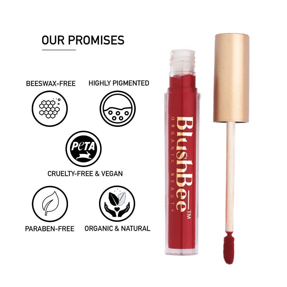 BlushBee Organic Beauty Lip Nourishing Liquid Lipstick, Natural Matte Weightless Lip colour, Lit Me - Reddish Maroon
