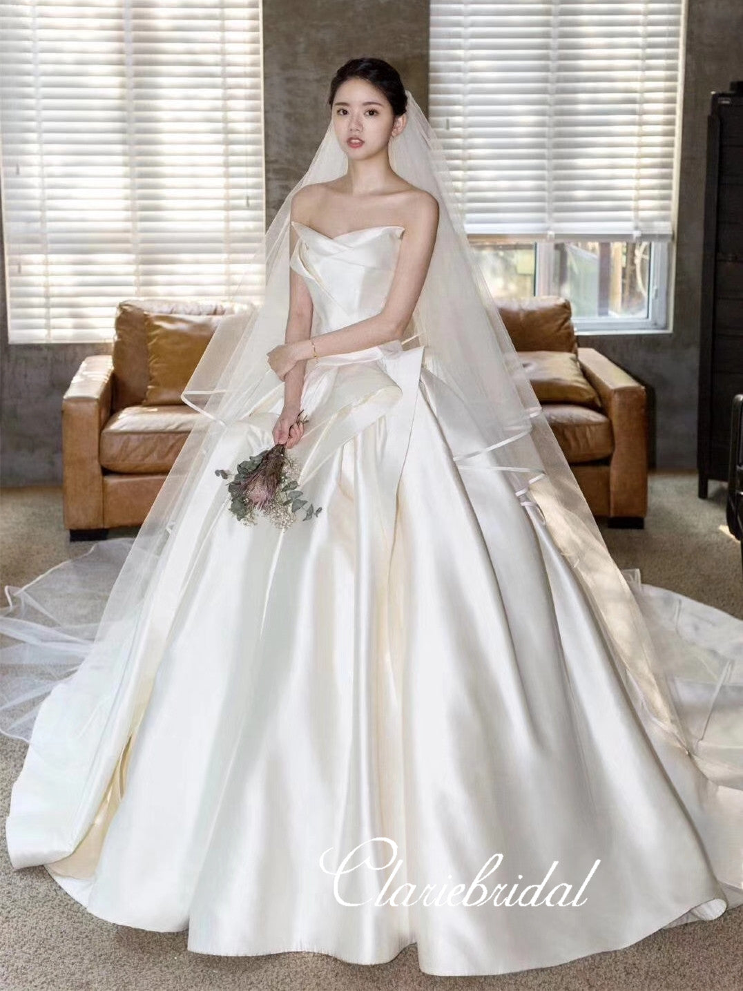 ivory satin ball gown wedding dress