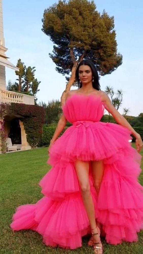 Kendall Jenner Inspired Hot Pink Tulle Prom Dresses, Detachable Tulle ...