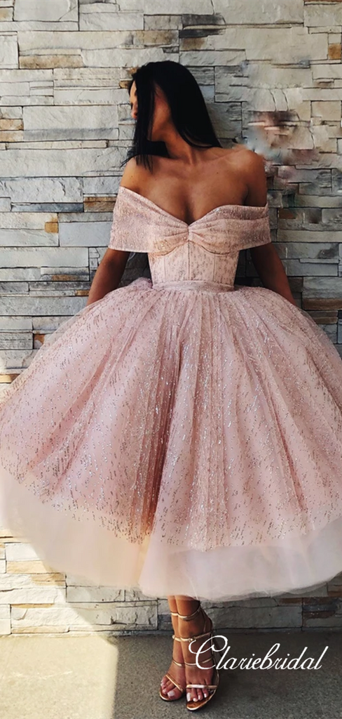 Off Shoulder Rose Gold Sequin Tulle Fluffy Homecoming Dresses Clairebridal 