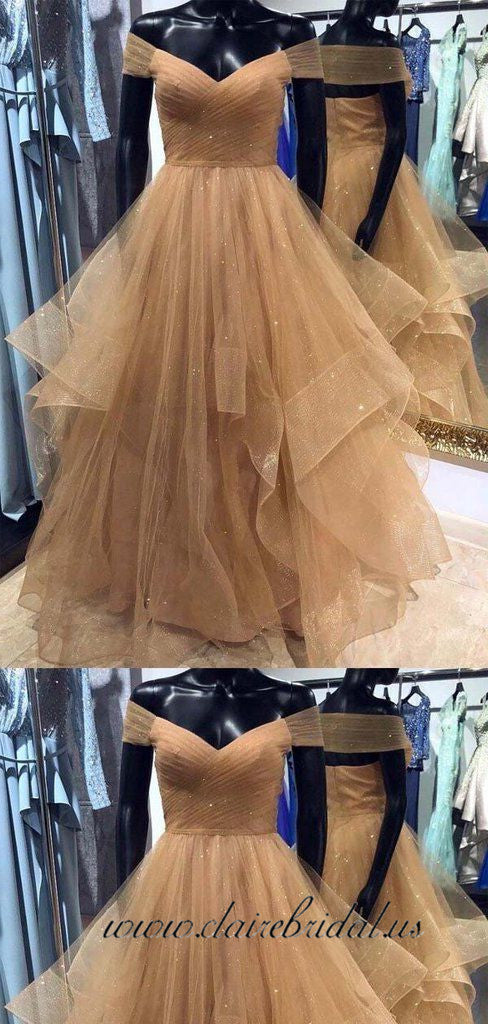 Off Shoulder Champagne Tulle With Gitter Prom Dresses Fluffy Prom Dre Clairebridal 