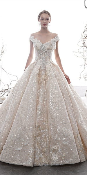 Off Shoulder Long A-line Sequin Appliques Wedding Dresses, Popular Wedding Dresses, Bridal Gown