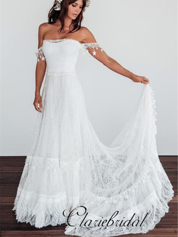 boho wedding dresses lace off the shoulder short sleeve floor length split  front bridal dress with train – Dbrbridal