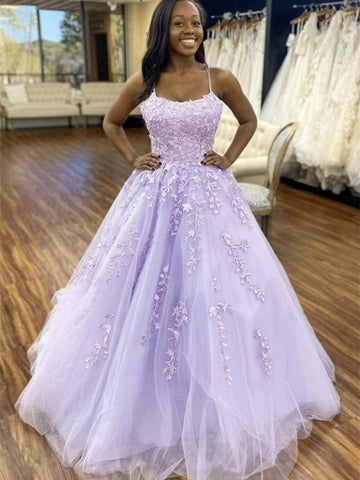 Sweetheart Long Ball Gown Purple Tulle Prom Dresses, Lovely Prom