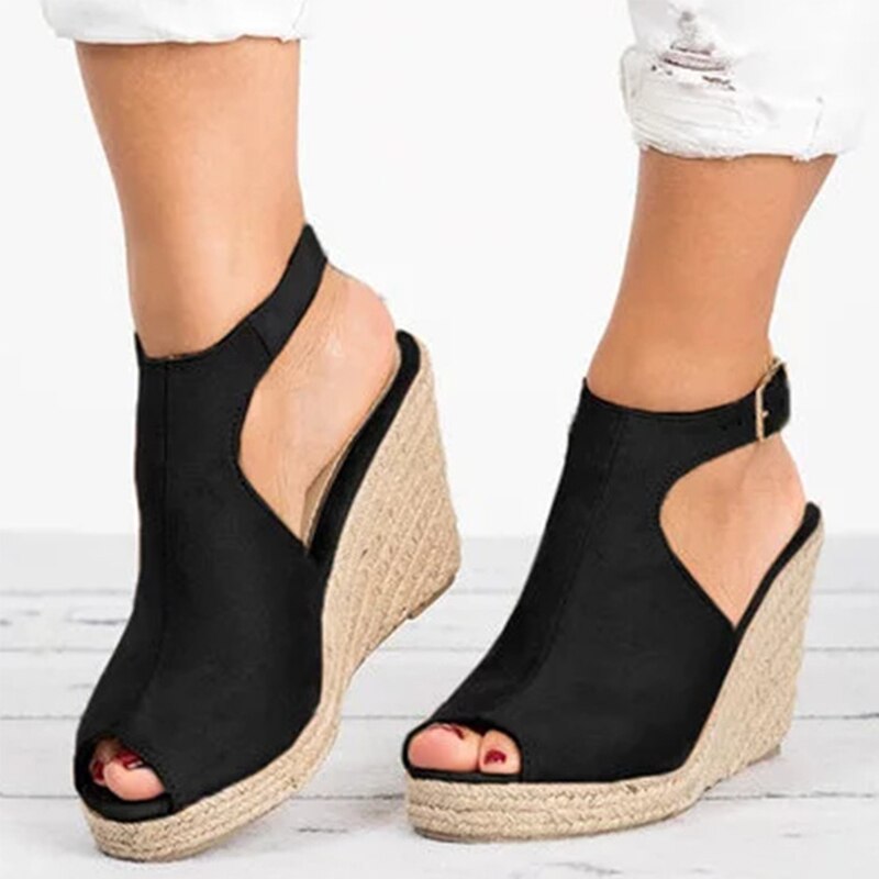 Women Suede Open Toe Cork Wedge Platform Buckle Ankle Strap High Heels ...