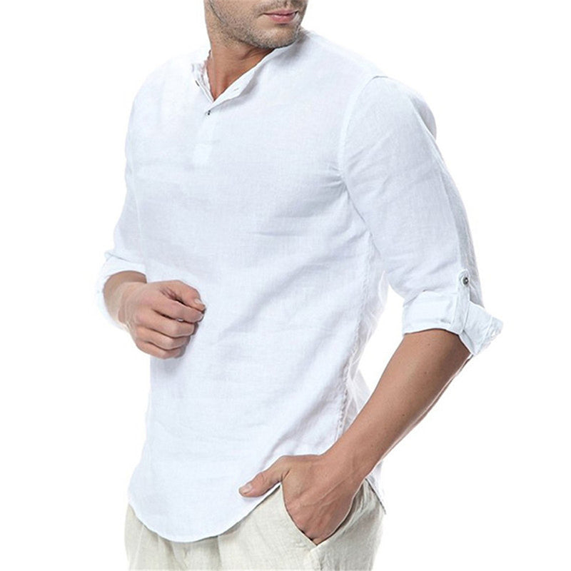 Men's Summer Cotton Linen Long Sleeve Breathable Shirts Solid Style ...