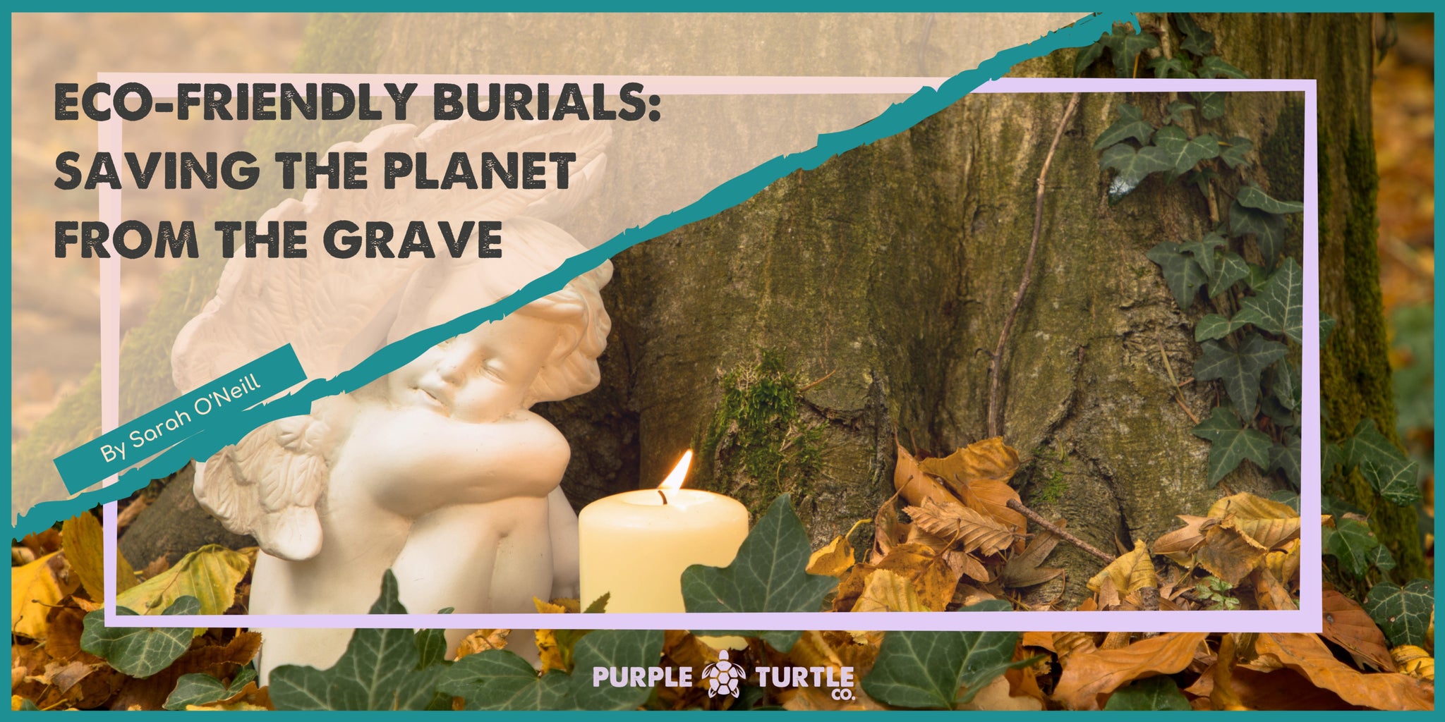 Forest floor with tree stump, angel statue and candle, framed with the name of article and the author.