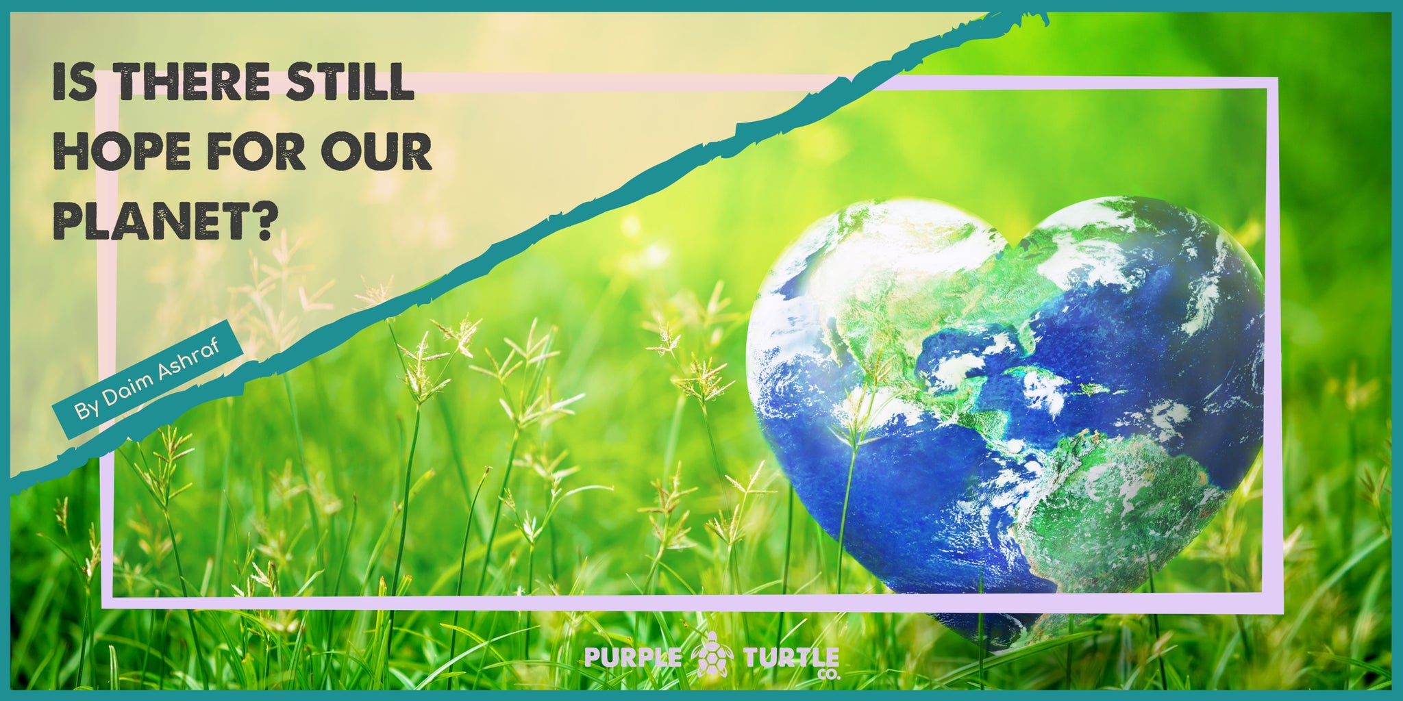 Heart shaped earth surrounded by green grass and flowers. This is framed by the Purple Turtle logo and blog author and title.