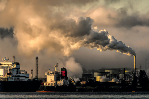 Factories polluting the air near the sea.