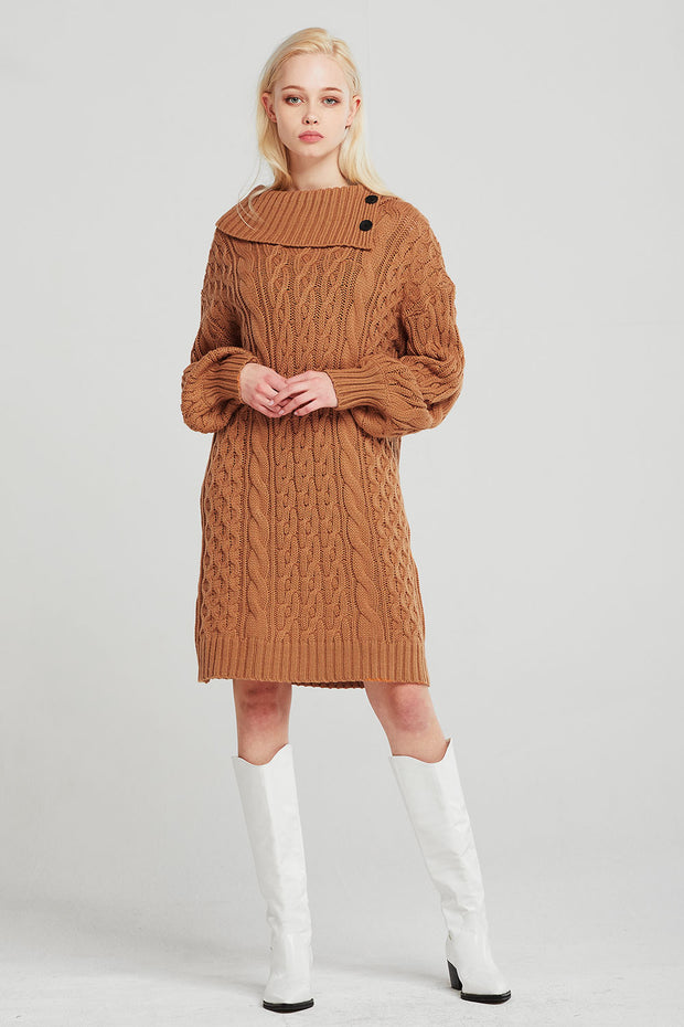 Mila Folded Collar Cable Knit Dress Women's Dresses storets