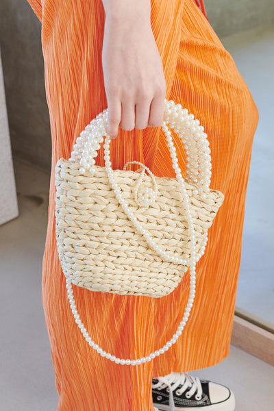 Faux Pearl Handle Straw Bag-Small, Women's Bags