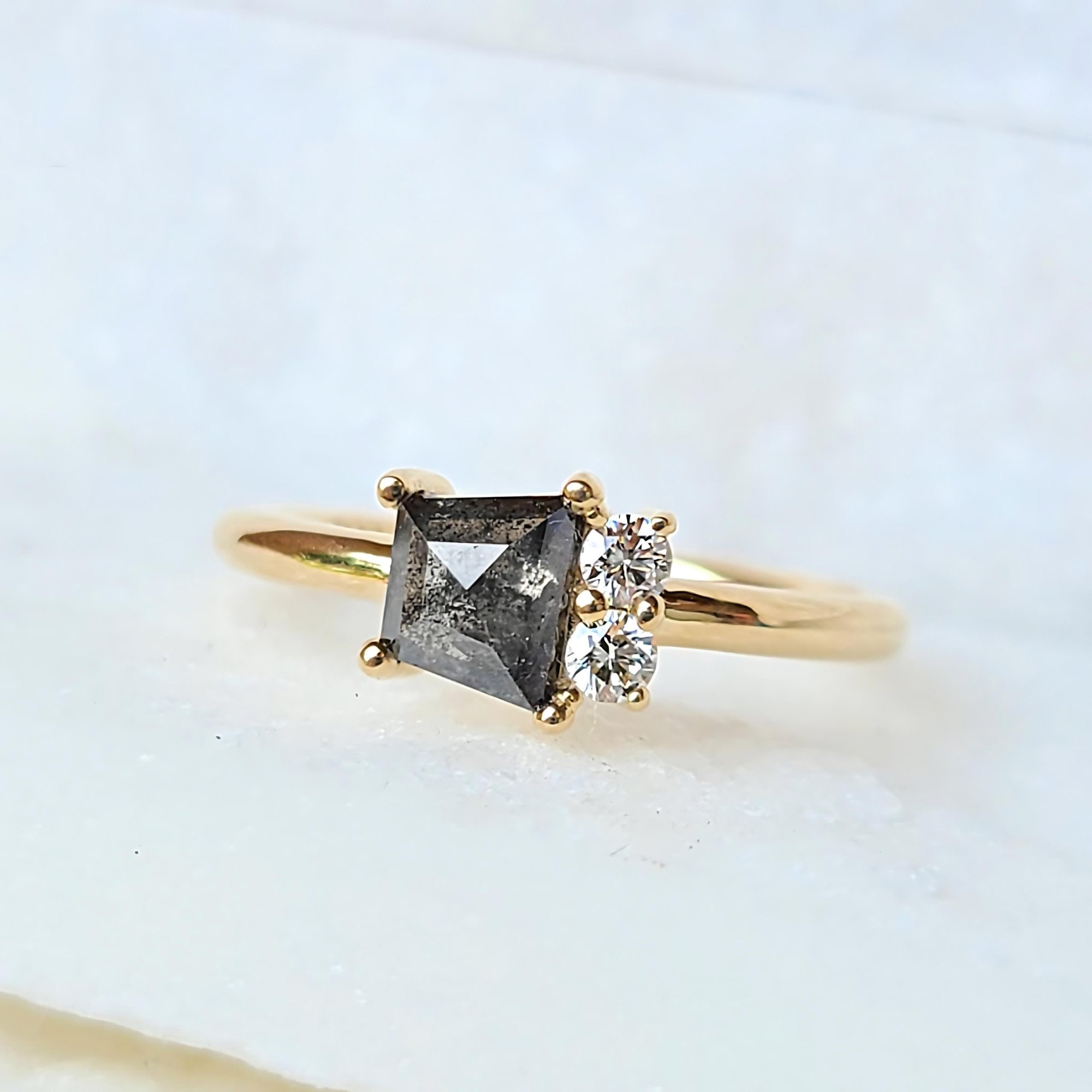 Image of 14K Trapezoid Rose Cut Salt and Pepper Diamond Ring with White Diamonds