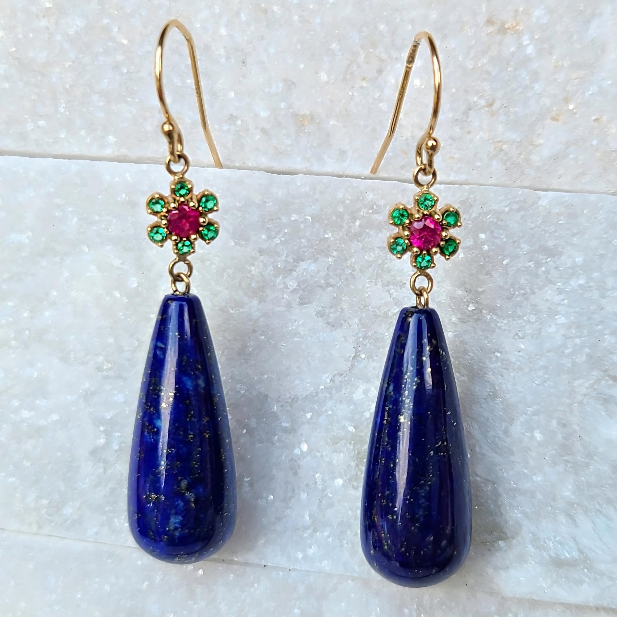 Image of 14K Yellow Gold Lapis Earrings with Emeralds & Rubies