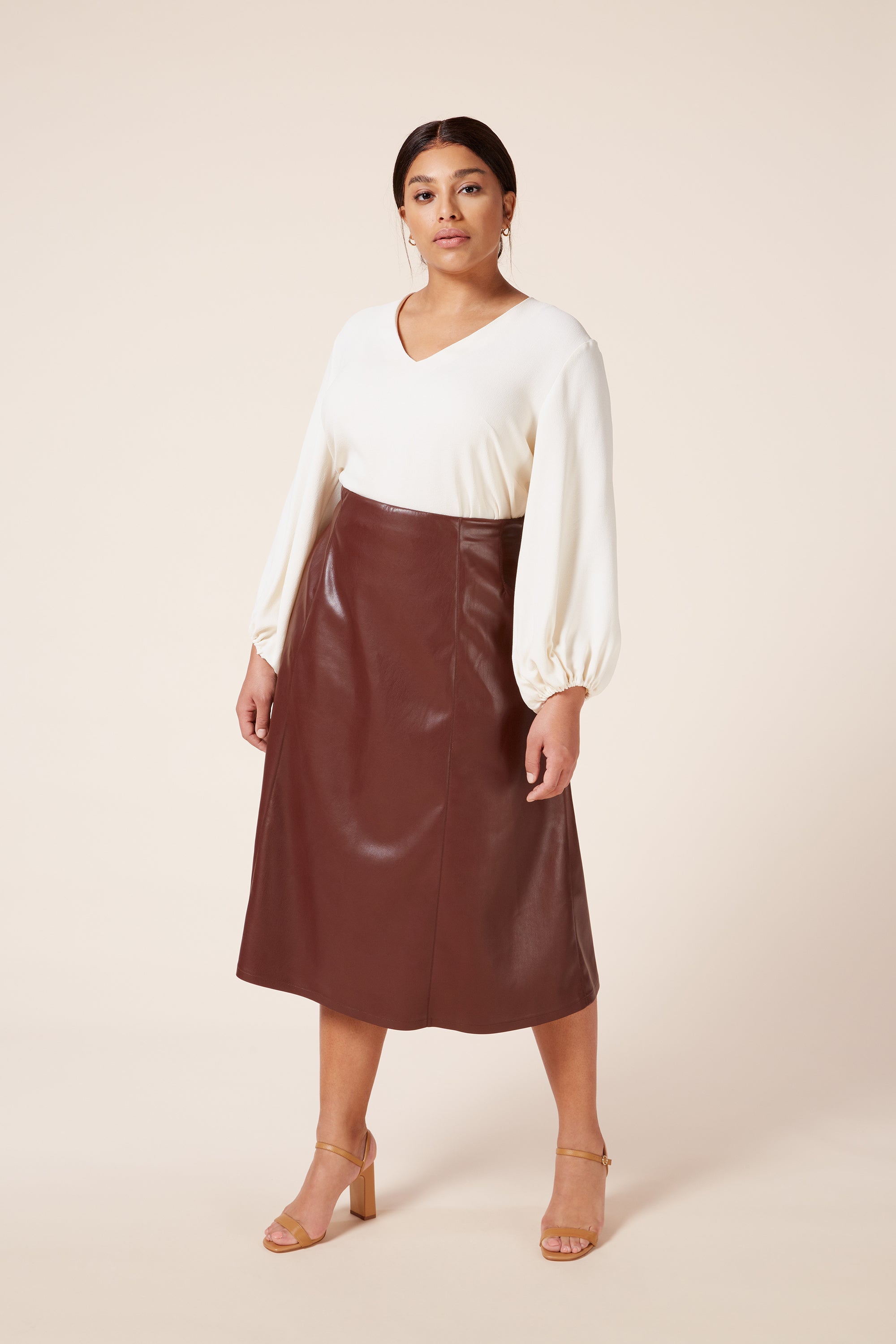 Panelled leather midi skirt