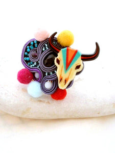 gypsy colorful cow skull oversized cocktail ring with pom pom & silk thread - Beads Of Aquarius 