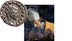 Roemische Bischof San Valentino von Terni und eine Münze mit Abbildung der römische Kaiser Claudius Goticus II