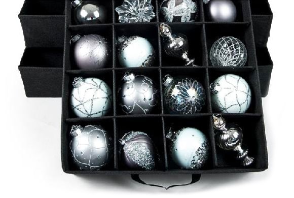 Portable tray within an Top Pocket Ornament Storage Box filled with ornaments