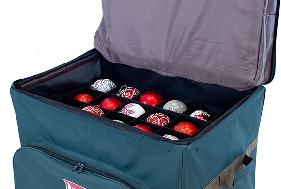 An open Top Pocket Ornament Storage Box filled with ornaments