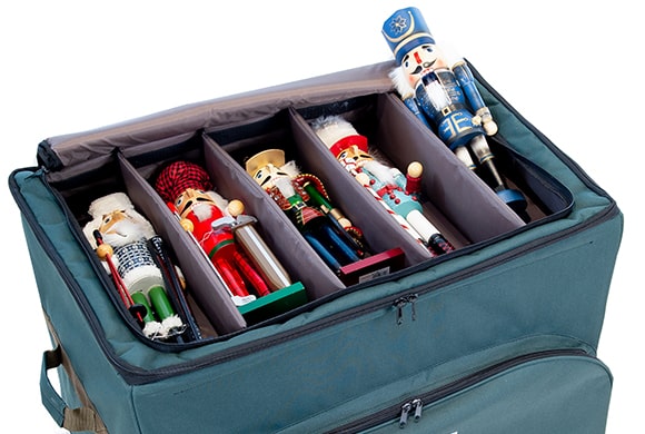 Portable tray within an Top Pocket Ornament Storage Box filled with ornaments