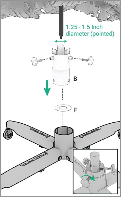 Image demonstrating center component fitting securely into the Rolling Christmas Tree Stand