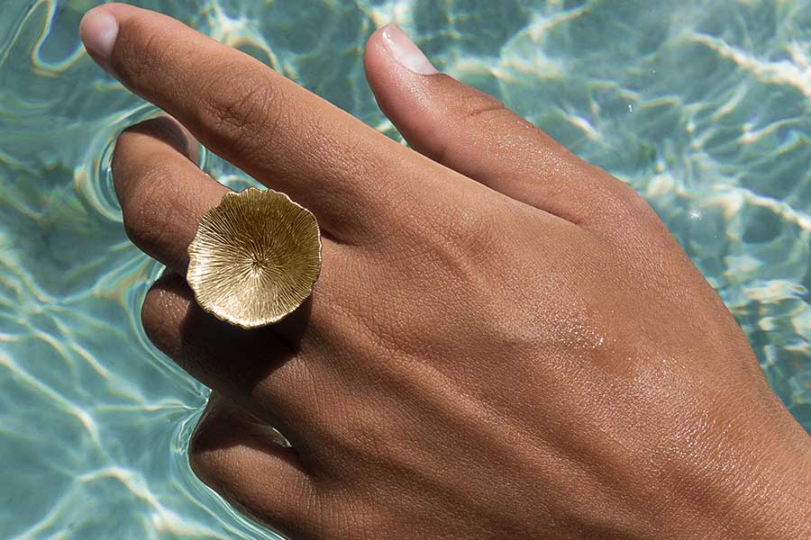 Stainless Steel and Gold plated Coral ring by Citrus Reef, floating on water shot