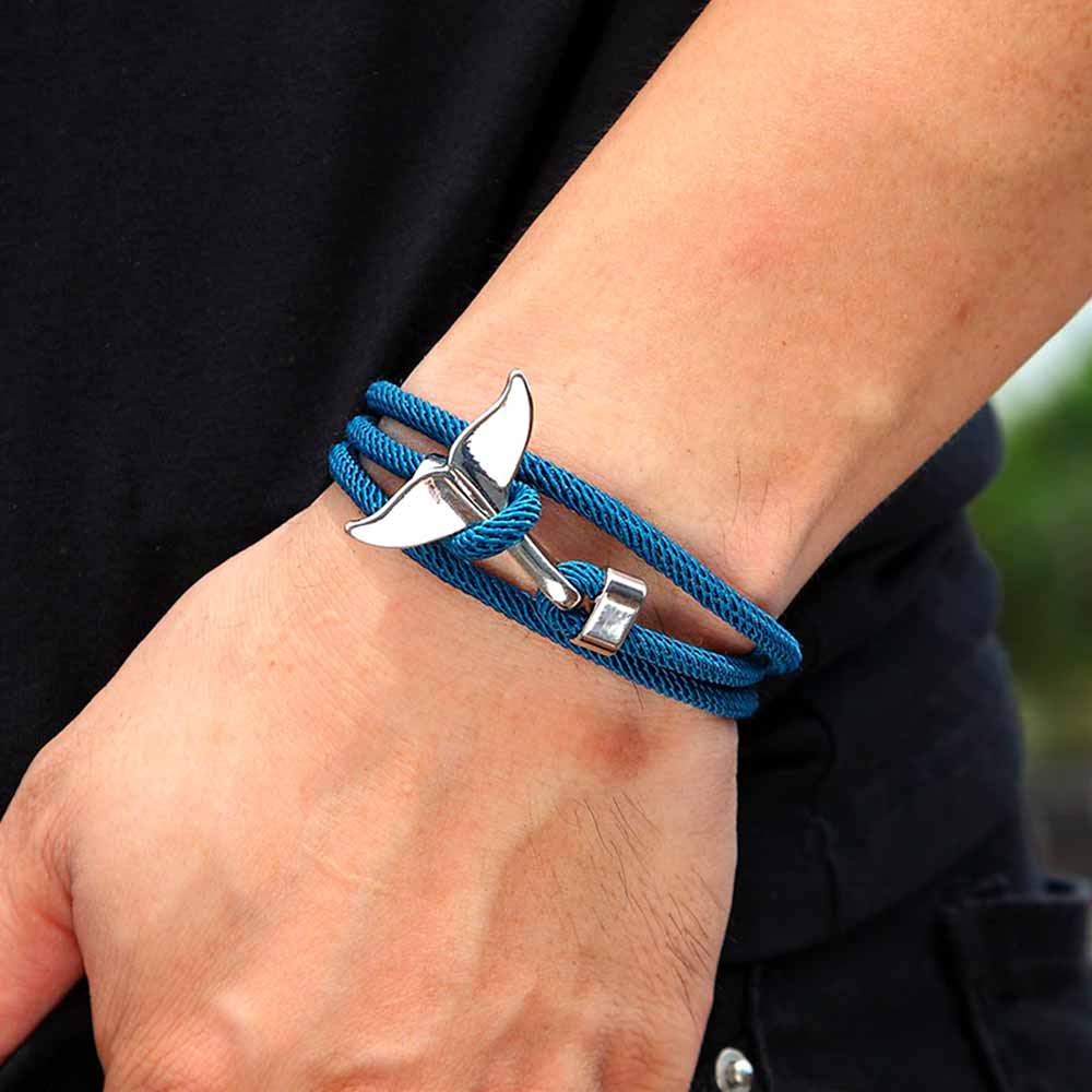 Ocean gift silver whale tail bracelet with blue rope