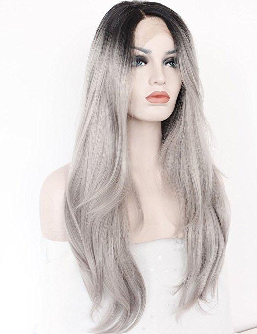 Dark Roots Long Natural Straight Silver Grey Replacement Hair Wigs