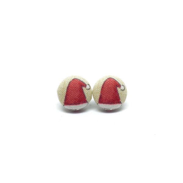 Santas Hat Handmade Fabric Button Earrings