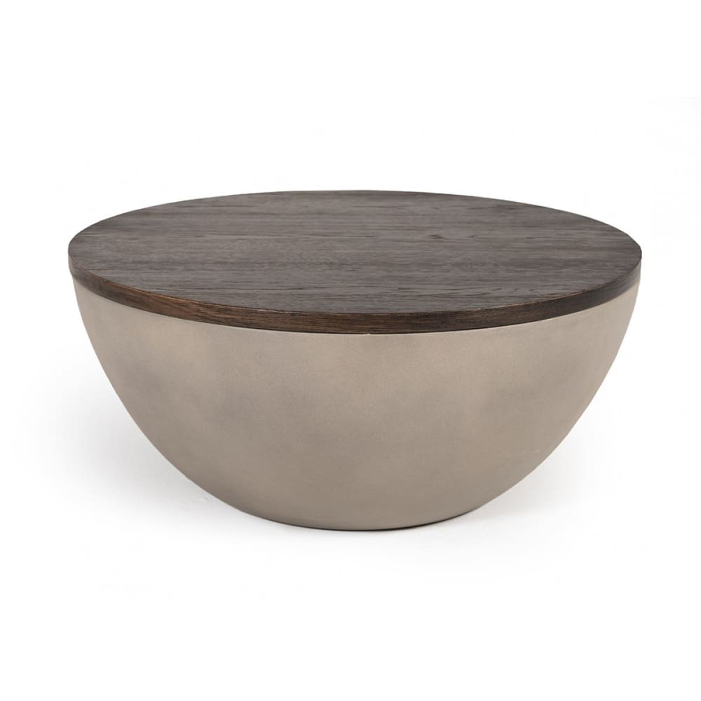 Drum Modern Concrete Brown Oak Round Coffee Table