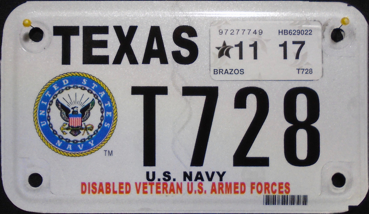 TEXAS DISABLED VETERAN U.S. ARMED FORCES NAVY 2017 T728 – mctags.com