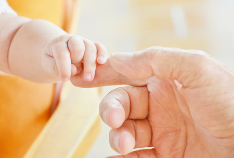 infant holding a grown-ups finger