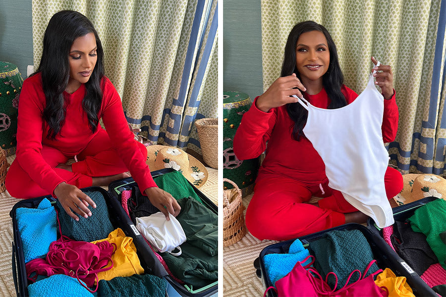 Two images side by side of Mindy packing her suitcase with Andie swimsuits.