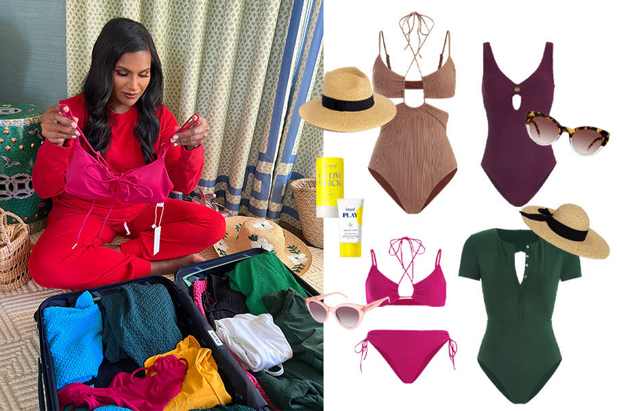 (left) Mindy sitting in her room and packing her suitcase with Andie swimsuits, including suits from her collection. (Right) Four suits from our Wild Beauty collection, the Casablanca One Piece in Latte, the Dalia One Piece in Fig, the Augusta One Piece in Vine and the Casablanca Top and Bottom in Magenta.