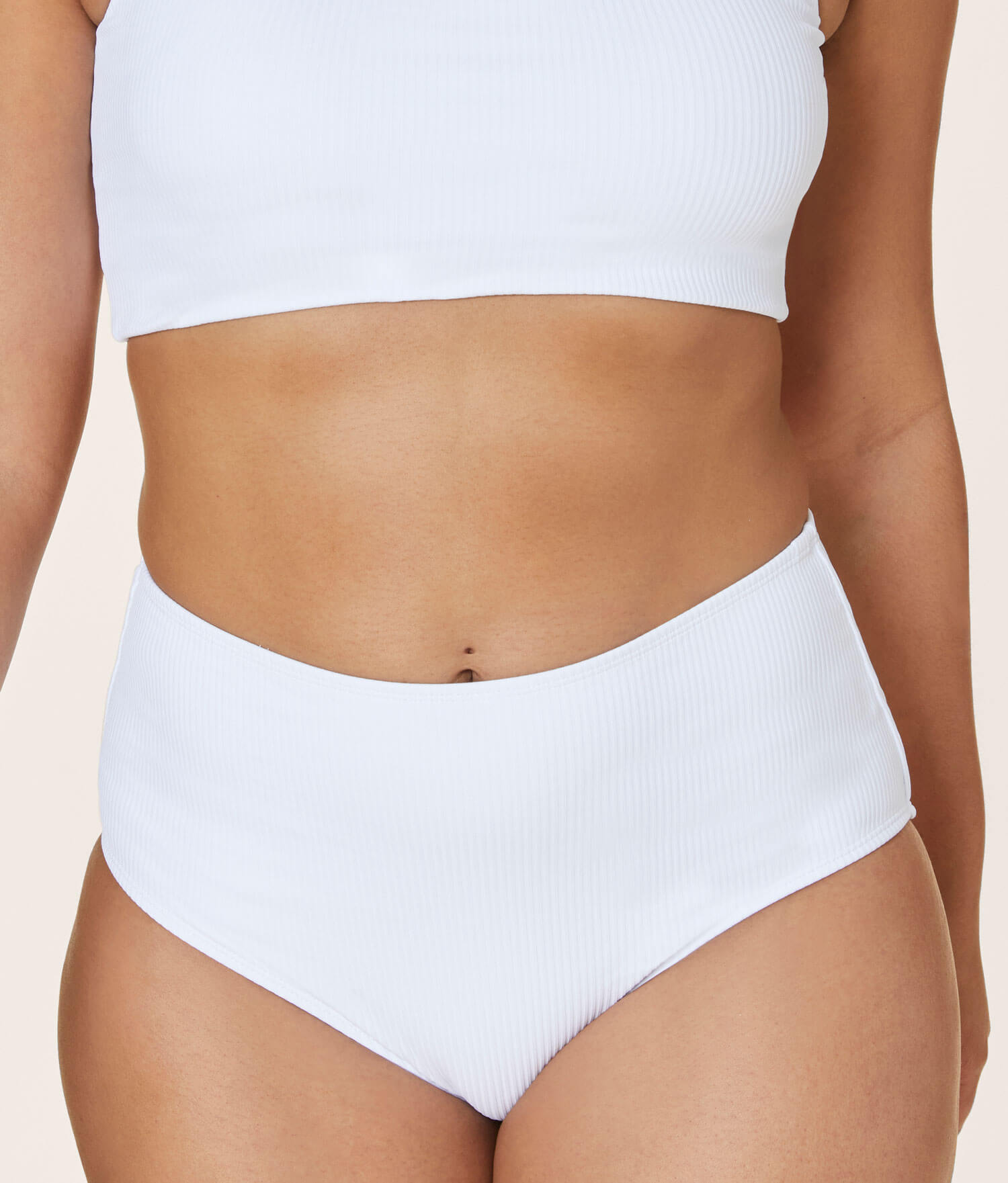 WHITE RIB Recycled Fibers High Waist Thong Bikini Bottom - White
