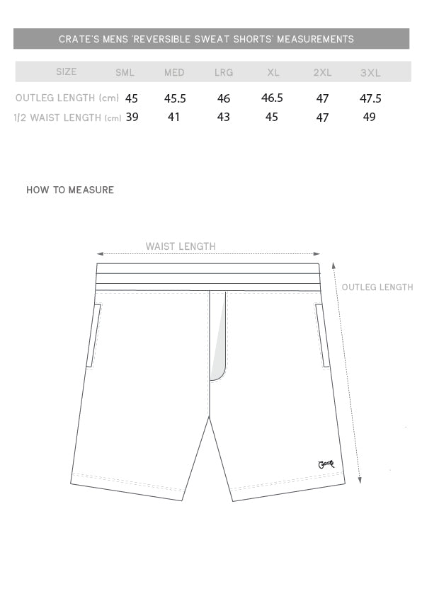 Size Guide - mens reversible sweat short size chart – Crate Clothing