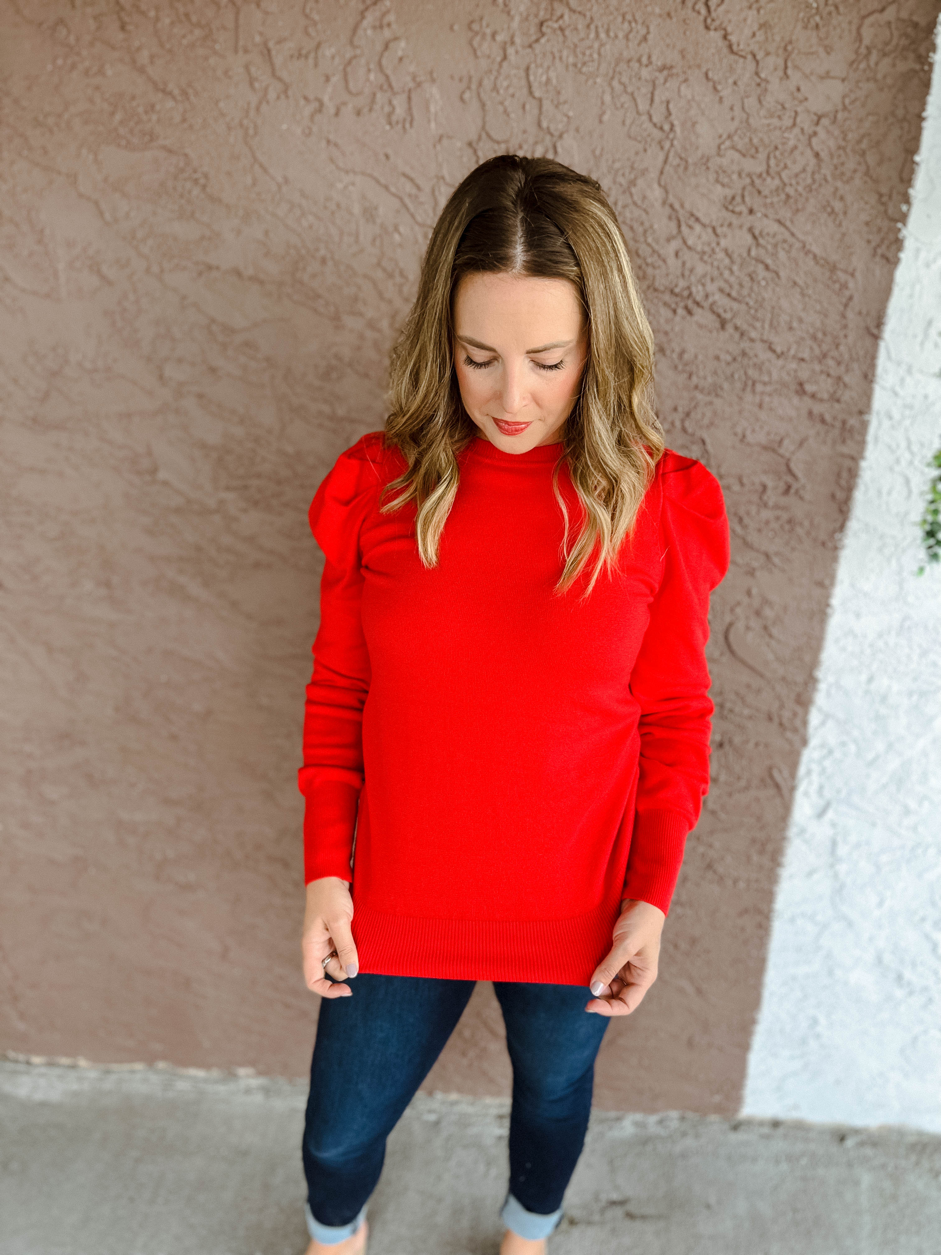 Leah Puff Sleeve Sweater - True Red