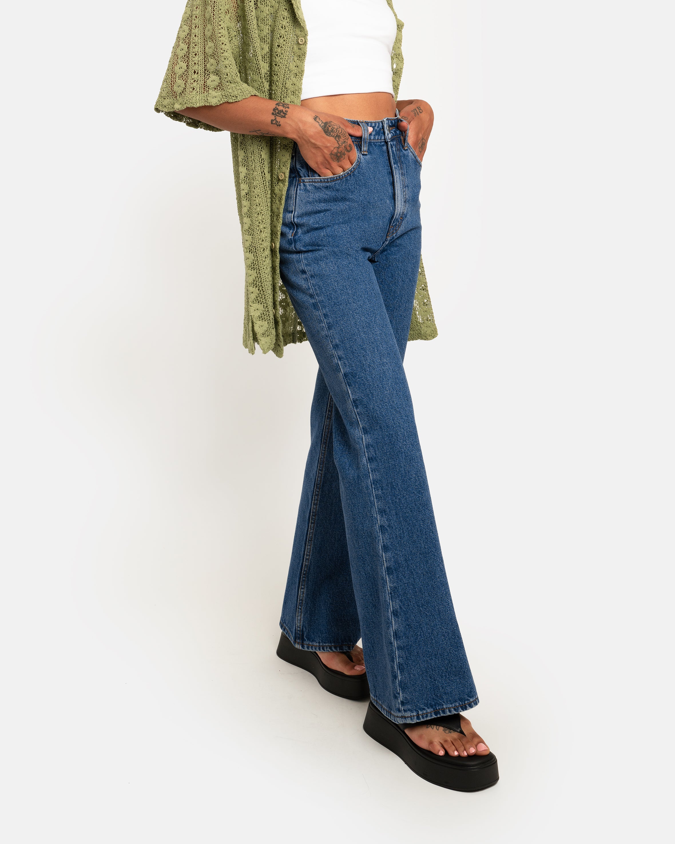 retro flare jeans in organic mid vintage - unspun custom denim