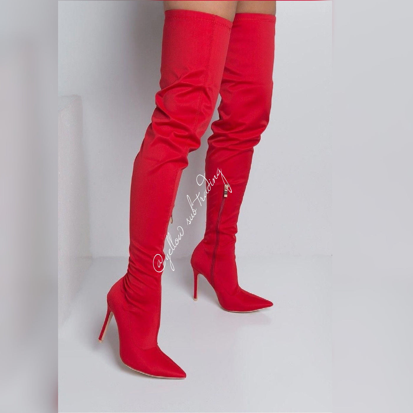 red thigh high sock boots