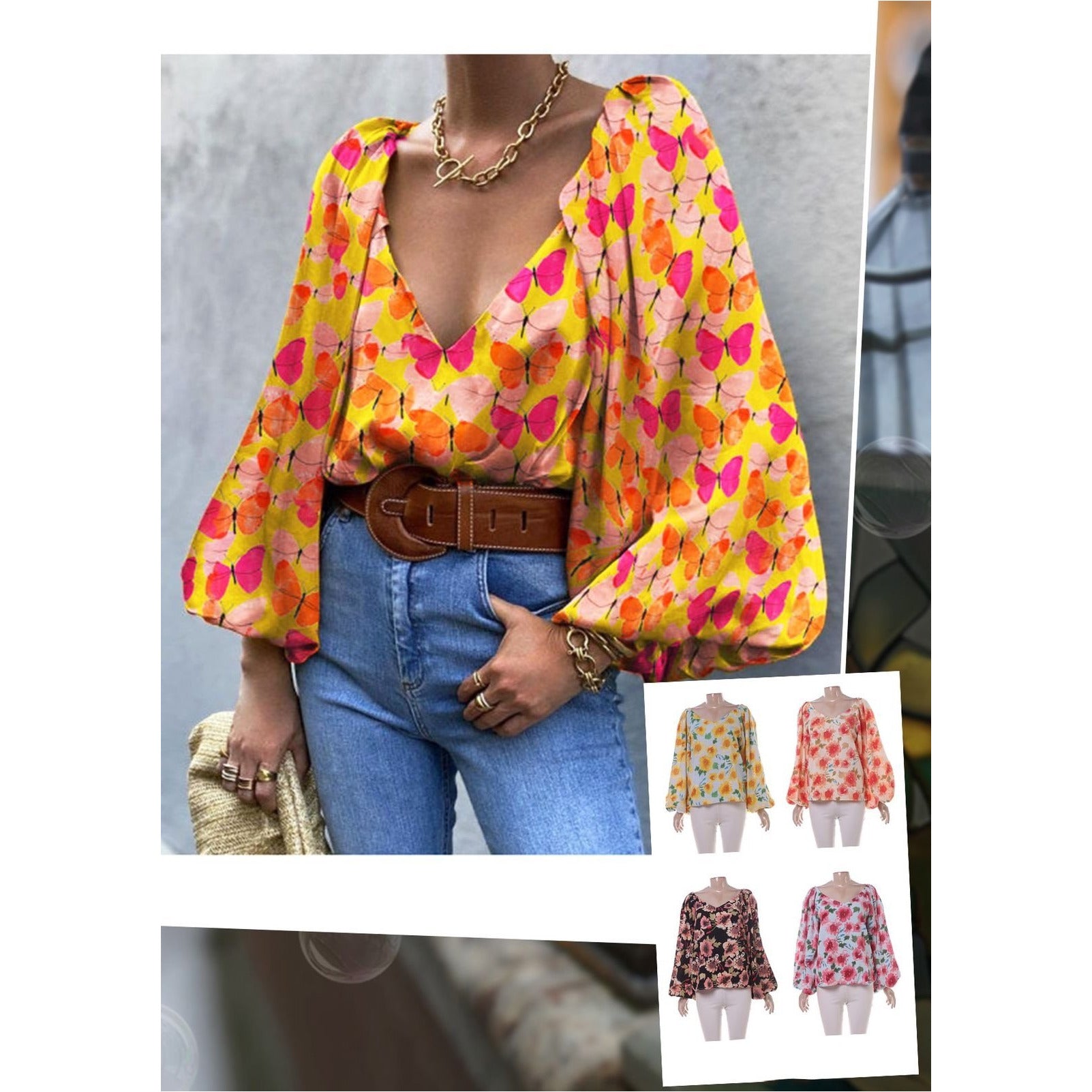 Lantern Sleeve Printing V Neck Floral Print Blouse – YELLOW SUB TRADING