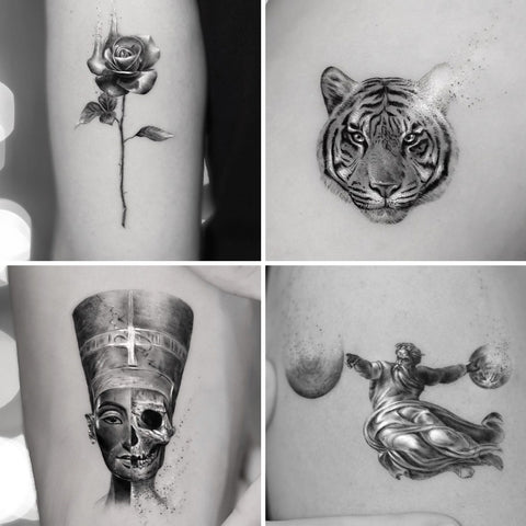 Collage of Alessandro Capozzi's microrealism tattoo work: tiger, classical, Nefertiti, rose tattoo