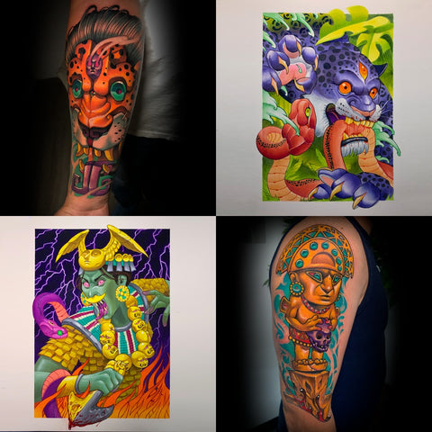 Compilation of tattoos and art featuring Pre-Columbian motifs by painter and tattoo artist, Miguel Del Cuadro