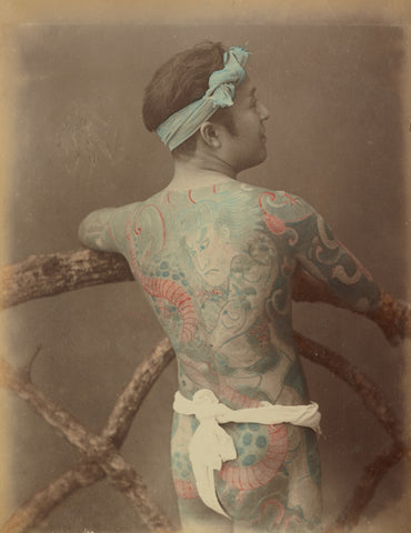 Photo of tattooed Japanese man, ca. 1870s - 1890s, source: Getty Open Project