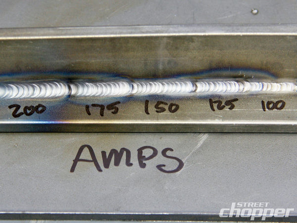 for 1/8- or .125-inch steel plate start at 100 amps and fine-tune