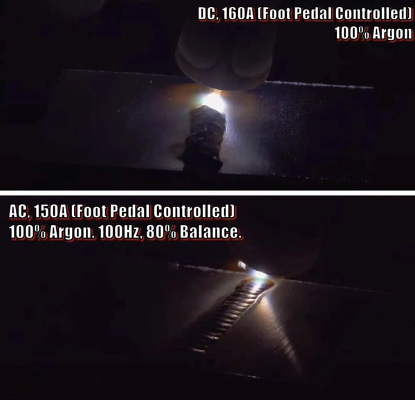 How TIG welding aluminum goes when using DC and 100 argon shielding gas and contrast the results when using AC