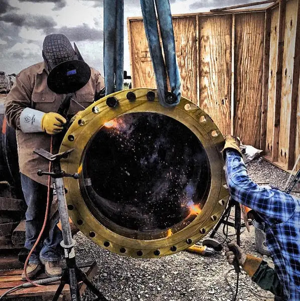 welder is stick welding the pipeline