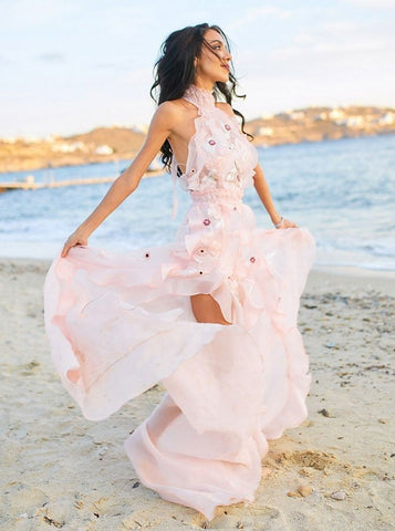 Pink Halter Appliques Beach Wedding Dress