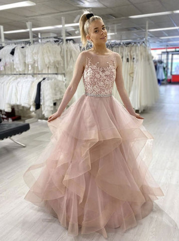Pink Round Neck Tulle Lace Long Prom Dress, Lace Sweet 16 Dress