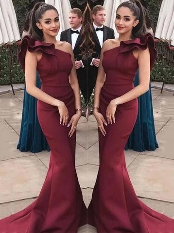 Burgundy Ruffles One-Shoulder Mermaid Long Prom Formal Dresses